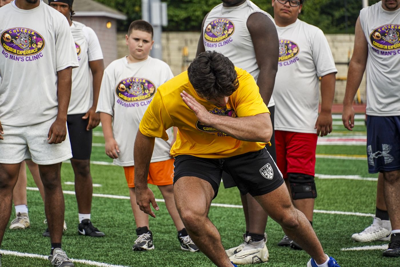 A lineman working through a drill at Big Man's Camp